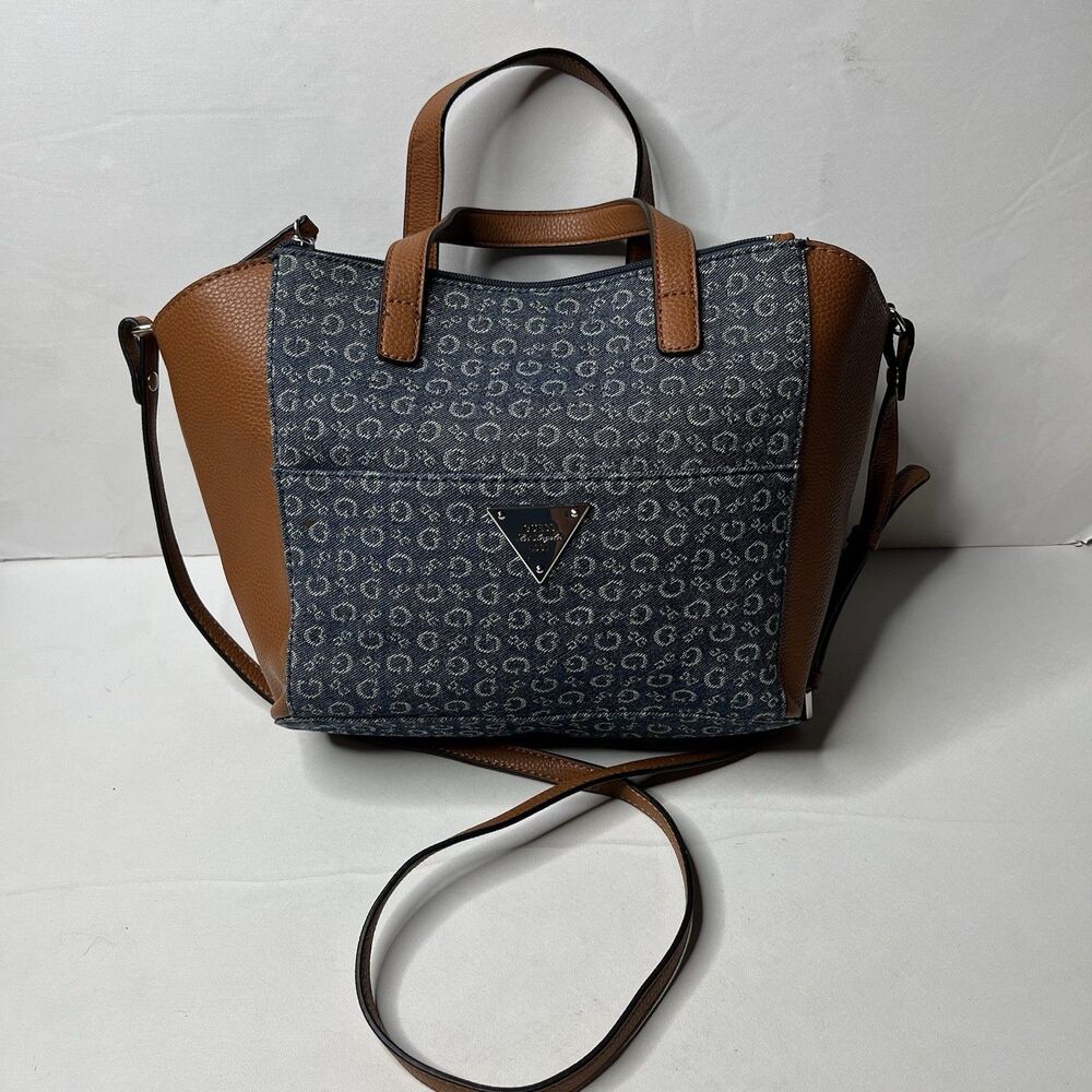 Guess Y2K Blue Denim Monogram Faux Leather Shoulder Handbag Purse